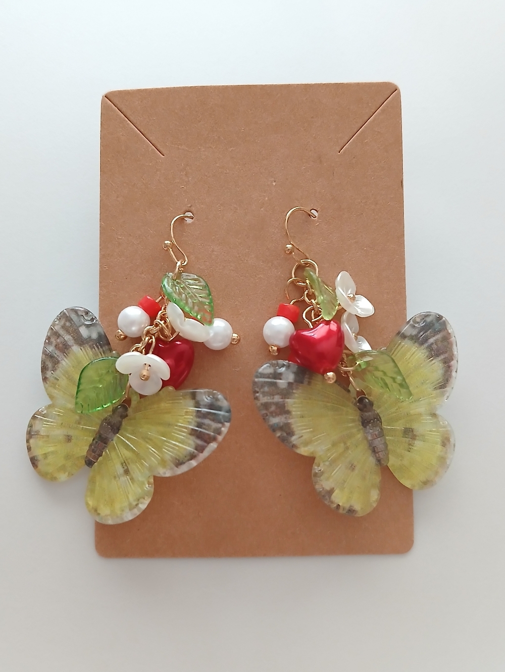Fashion Jewelry Yellow Butterfly Dangle Earrings with Red Heart Accents